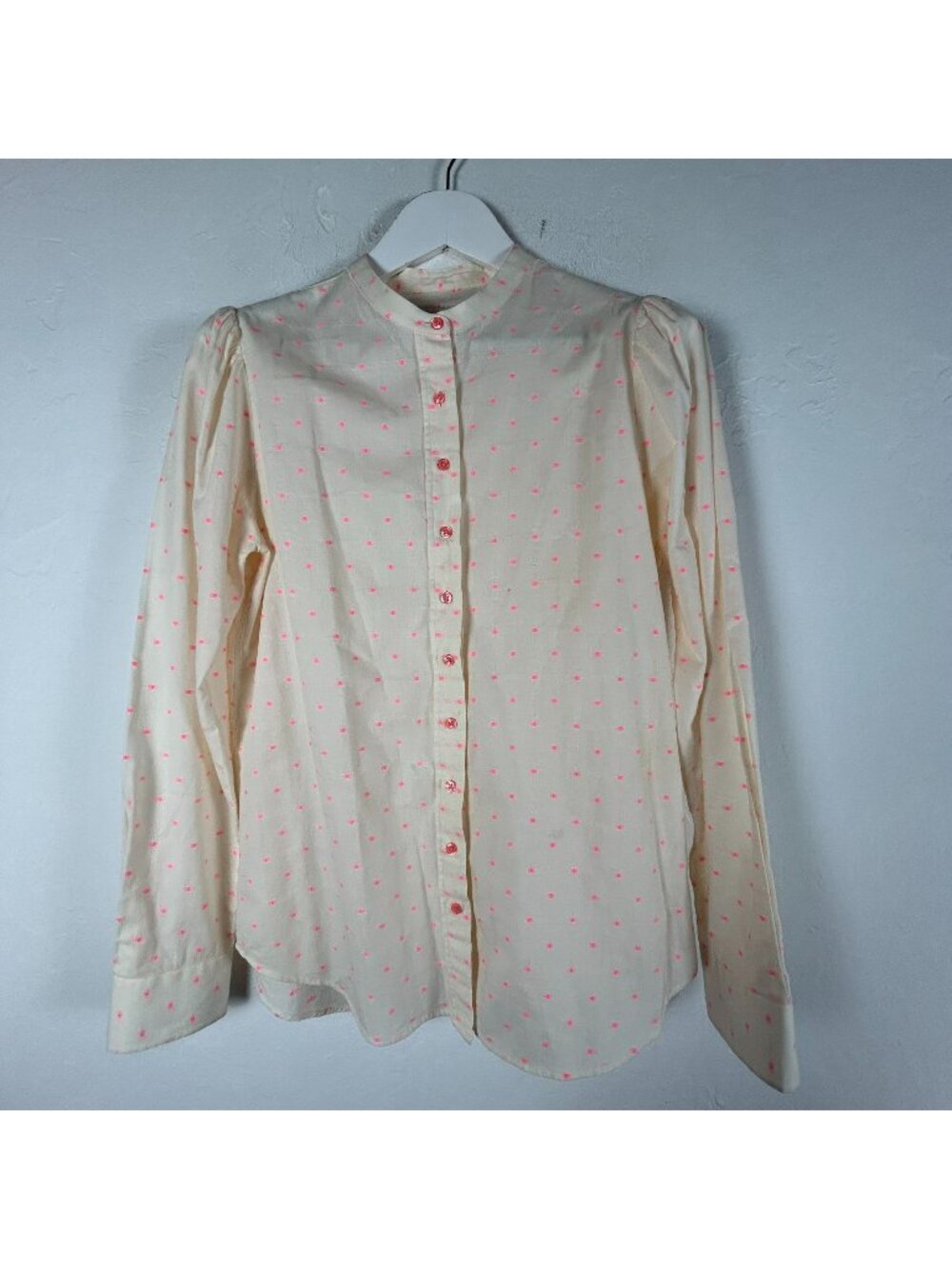 The Shirt Rochelle Behrens Women's Polka Dot Button Up Shirt Cream/Pink Medium